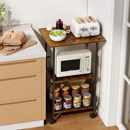 Microwave Cart with Storage, 3-Tier Rolling Kitchen Stand, Wood and Metal Utility Cart I6668