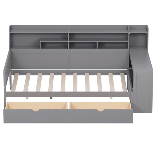 Bellemave Twin Corner Bed Frame with Storage Shelves and Desk, Gray L74206