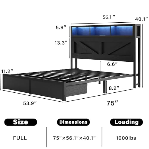 Farmhouse Full Bed Frame with Bookcase Headboard, LED Lights and Charging Station M527023