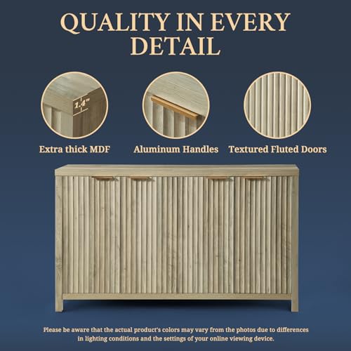 Fluted Sideboard Buffet Cabinet with Storage, 56" Modern Credenza, Natural Y669537