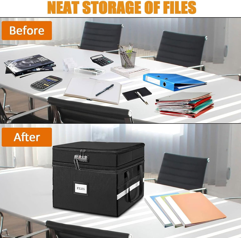 Fireproof Document Box with Lock, Water-Resistant File Organizer (Black) V5008