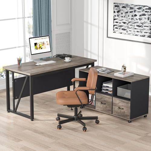 Tribesigns 63" Executive Desk with 47" Lateral File Cabinet, L-Shaped Computer Desk, Brown and Black N680173