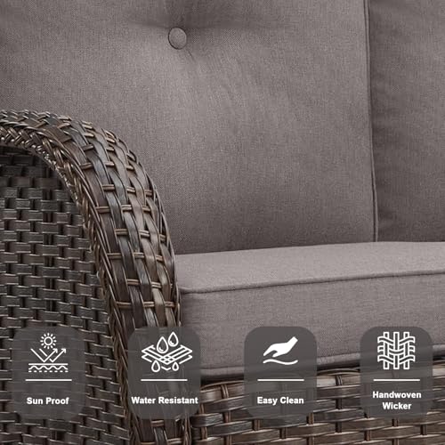 Outdoor Wicker Swivel Rocker Chairs Set of 2 with Rattan Side Table, Brown/Blue B592