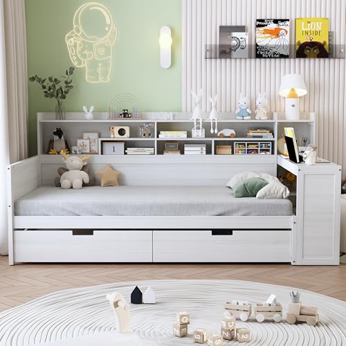 Bellemave Twin Corner Bed Frame with Storage Shelves and Desk, Gray L74206