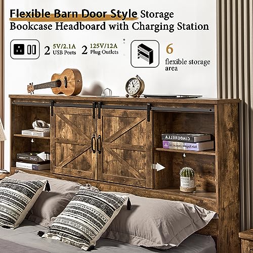 VanAcc Full Size Wooden Platform Bed with Bookcase Headboard and 2 Drawers O6158
