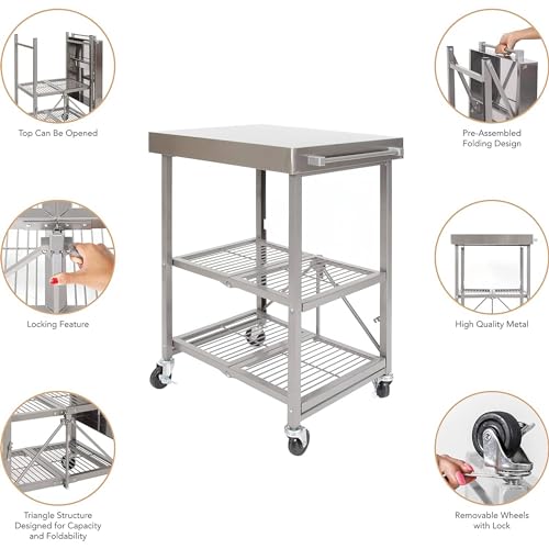 Origami Folding Kitchen Cart on Wheels, 3-Tier Rolling Cart Z2164