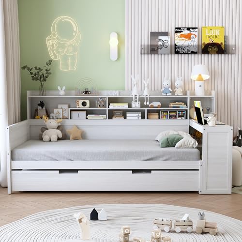 Bellemave Twin Corner Bed Frame with Storage Shelves and Desk, Gray L74206