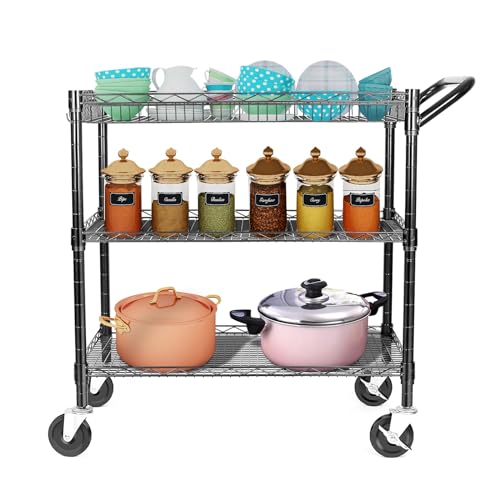 WDT Heavy Duty 3 Tier Utility Cart with Wheels, Commercial Grade Service Cart, 750LBS Capacity Silver L466