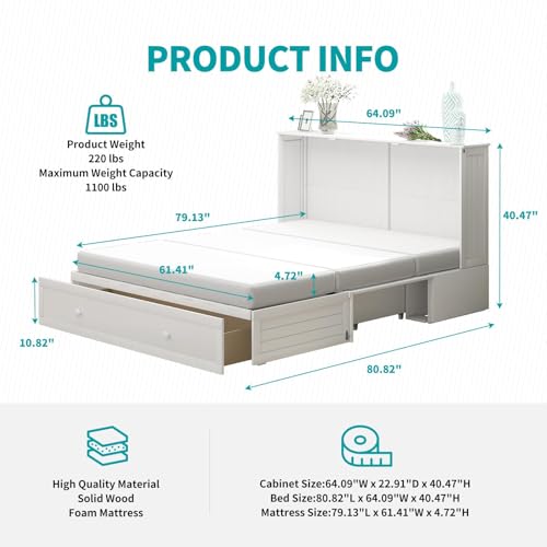 BALUS Murphy Bed Cabinet Queen with Tri-fold Mattress, USB Charging Station, Grey-Blue X7255