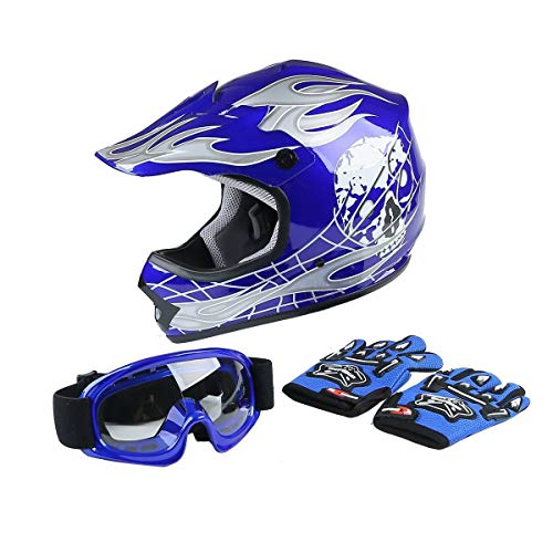 SLMOTO Dot Youth Kids Motocross Offroad Helmet with Goggles and Gloves Blue Skull D851858