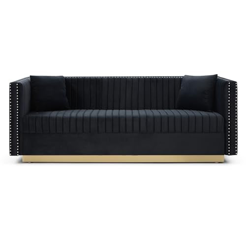Vertical Channel Tufted Velvet Sofa 3 Seater with 2 Pillows, Beige P7253