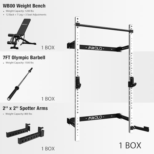 Mikolo 2" x 2" Folding Wall Mounted Squat Rack with Pull Up Bar, 1000 lbs Capacity W88407