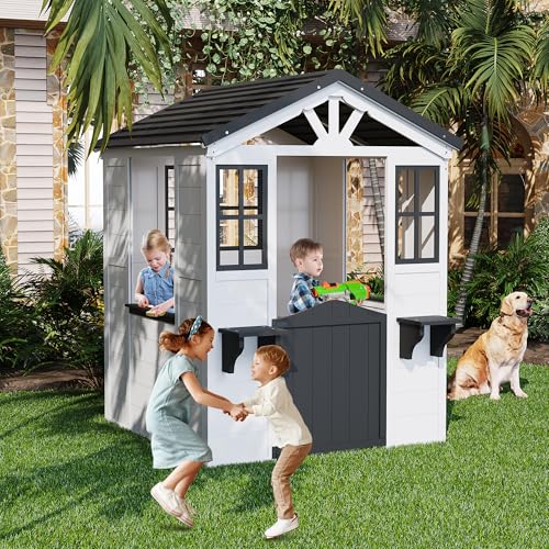 Cedar Wooden Kids Playhouse with Play Kitchen and Vinyl Roof U118424