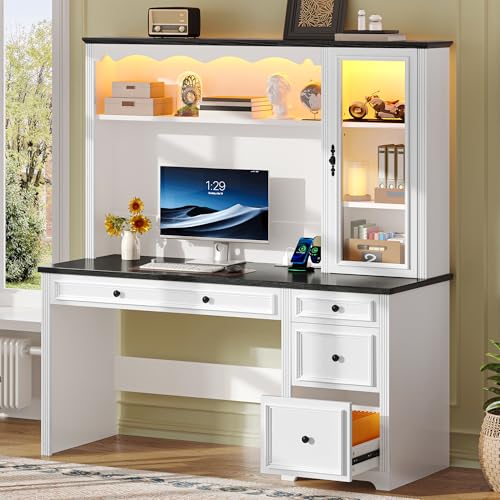 YITAHOME Executive Desk with Hutch, Drawers, Power Outlet & LED Lights, White & Black Z850393