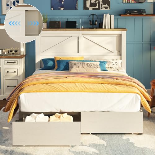 AMERLIFE King Bed Frame with Bookcase Headboard and Charging Station V4787