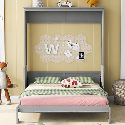 Queen Murphy Bed with Storage Shelves and LED Lights, White D5338