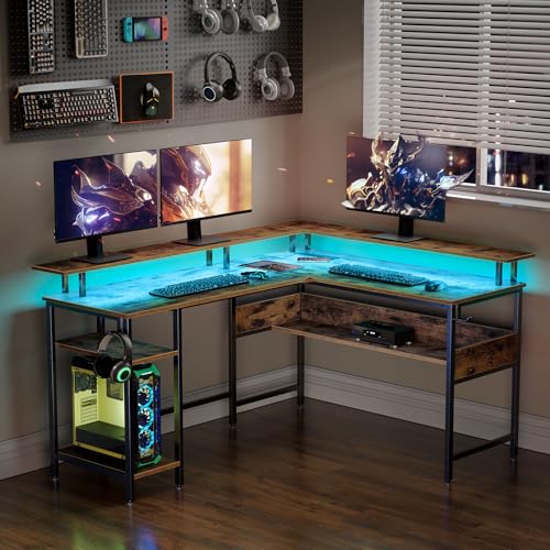 Rolanstar Computer Desk 56.7" with LED Lights and Power Outlets, Carbon Fiber Surface K1543
