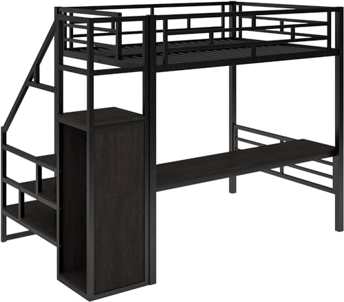 Metal Full Loft Bed with Desk and Wardrobe, Storage Stairs D90681