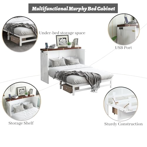 Queen Murphy Bed Cabinet with Storage Drawer and Charging Station, Solid Pine, White A401