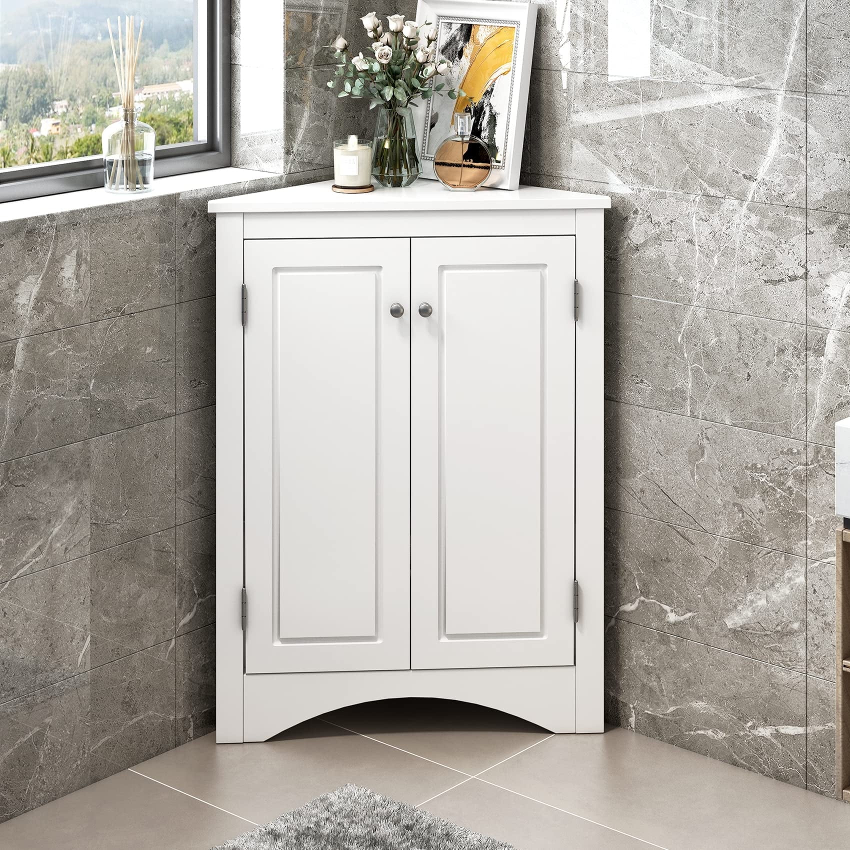 ANTSKU Corner Cabinet with Doors, Corner Bathroom Storage Cabinet with 2 Adjustable Shelves, Bathroom Floor Corner Cabinet for Kitchen, Bathroom, Living Room (White)