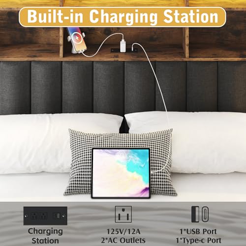 Lifezone Queen Bed Frame with Bookcase Headboard, Storage Drawers & Charging Station, Rustic Grey V4785