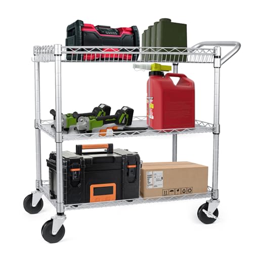 WDT Heavy Duty 3 Tier Utility Cart with Wheels, Commercial Grade Service Cart, 750LBS Capacity Silver L466