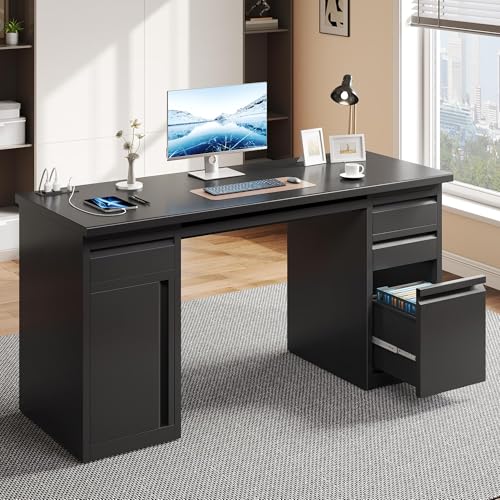 YITAHOME Office Desk with 5 Drawers, Power Outlets, 57 Inch, Black I604444