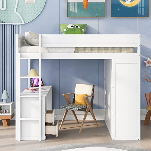 Full Size Solid Wood Loft Bed with Wardrobes, Desk and Storage Cabinet, White J33469
