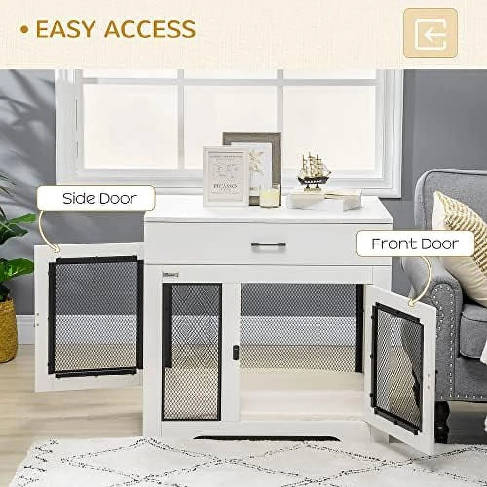 White Dog Crate Furniture with Cushion and Drawer Q96474
