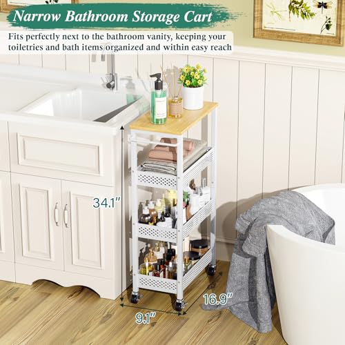 Utility Slim Storage Cart 4-Tier Rolling Cart with Wood Top A517006