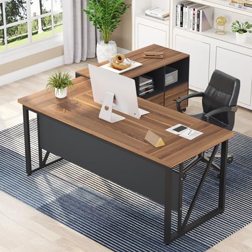 Tribesigns 63" Executive Desk with 47" Lateral File Cabinet, L-Shaped Computer Desk, Brown and Black N680173