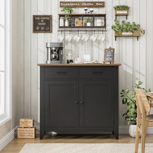 HORSTORS Kitchen Storage Cabinet, Farmhouse Buffet with 2 Drawers and 2 Doors, Grey A4009