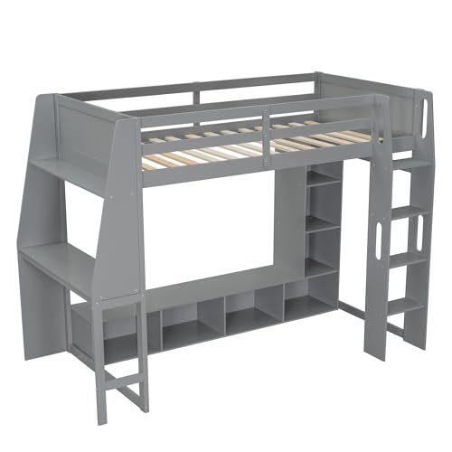 SOFTSEA Full Size Loft Bed with Desk, Storage and LED Lights, Solid Wood, Grey Q282