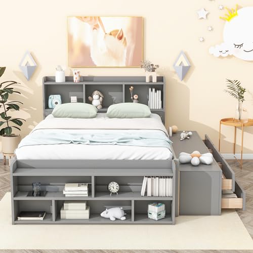 SOFTSEA Full Size Platform Bed with Storage Drawers and Bookcase Headboard, White V613109