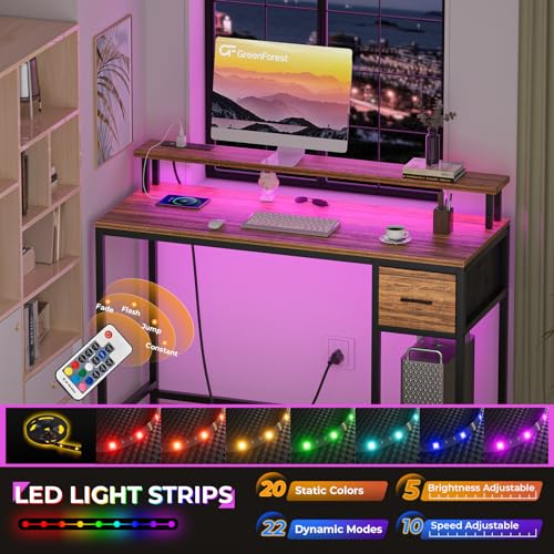 GreenForest Gaming Desk 39 Inch with LED Lights and Monitor Stand, Black S99189