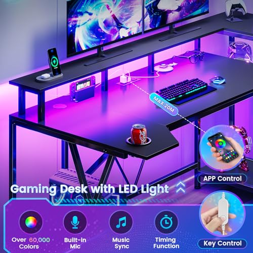 SEDETA Gaming Desk 70.8'' with LED Lights and Storage Shelves, Black Y2845