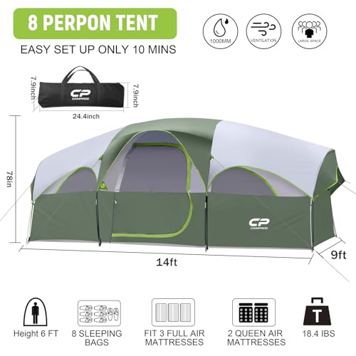 CAMPROS CP Tent 8 Person Weather Resistant Family Camping Tent with Carry Bag Z5924