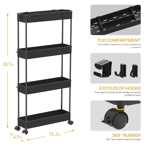 SPACELEAD Slim Storage Cart 4 Tier, Rolling Utility Cart for Bathroom & Kitchen, White Q18019