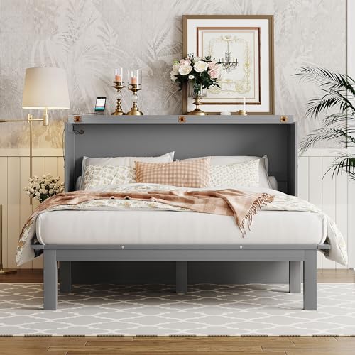 Queen Size Solid Pine Murphy Bed Chest with Charging Station and Storage Drawer K498