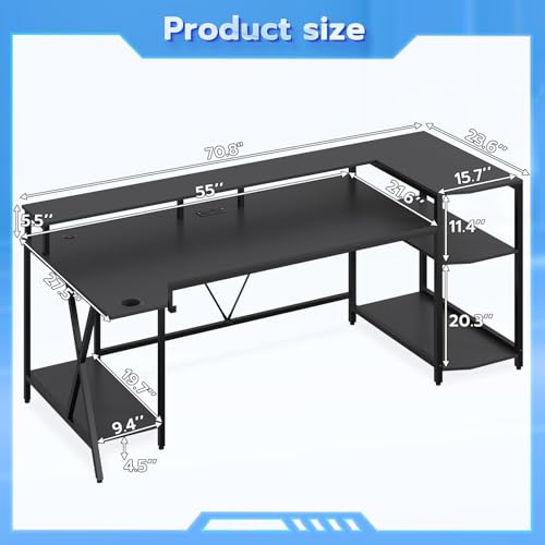 SEDETA Gaming Desk 70.8'' with LED Lights and Storage Shelves, Black Y2845