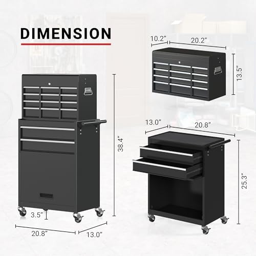 5-Drawer Rolling Tool Chest Storage Cabinet with Detachable Top Tool Box, Black R11137