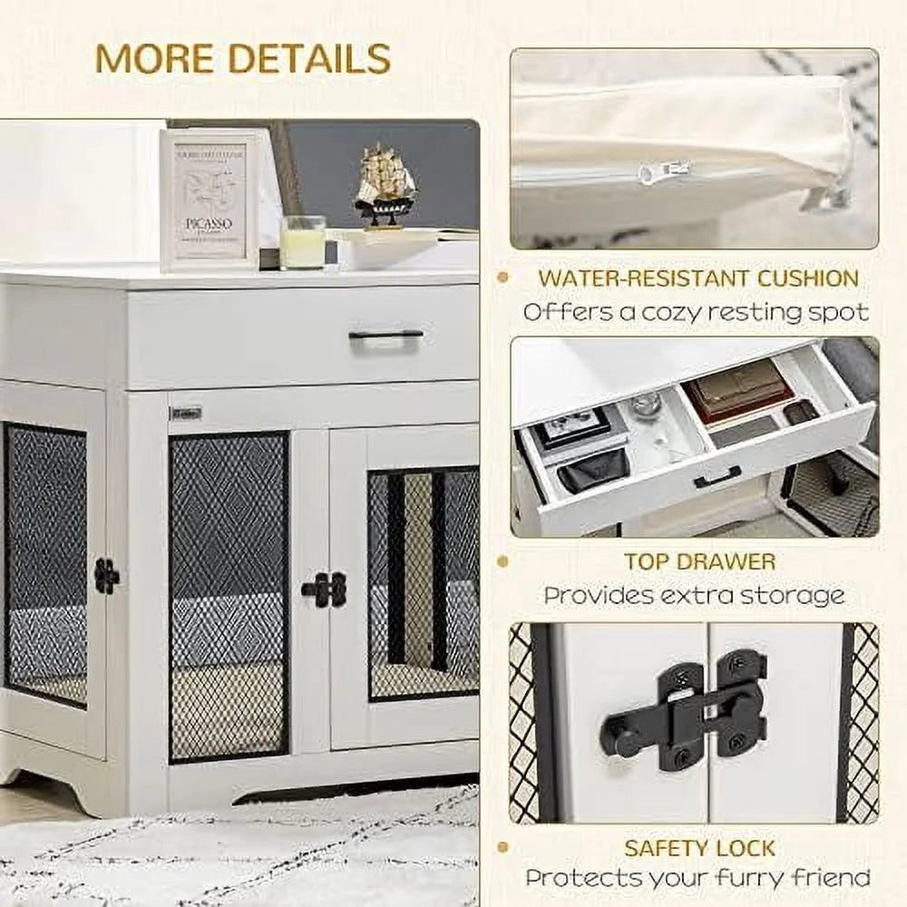 White Dog Crate Furniture with Cushion and Drawer Q96474