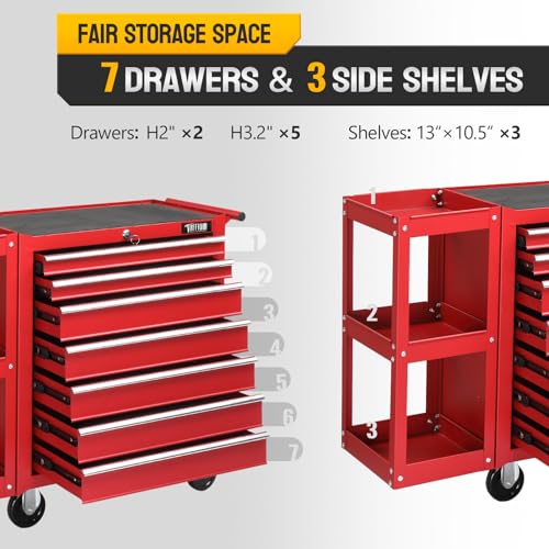TUFFIOM 7-Drawer Rolling Tool Chest with Side Shelves and Lockable Wheels L105