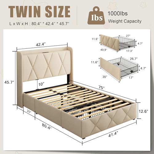Queen Bed Frame with 4 Storage Drawers and Charging Station, Black S804993