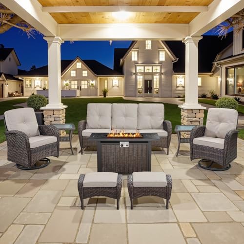 Outdoor Wicker Swivel Rocker Chairs Set of 2 with Rattan Side Table, Brown/Blue B592