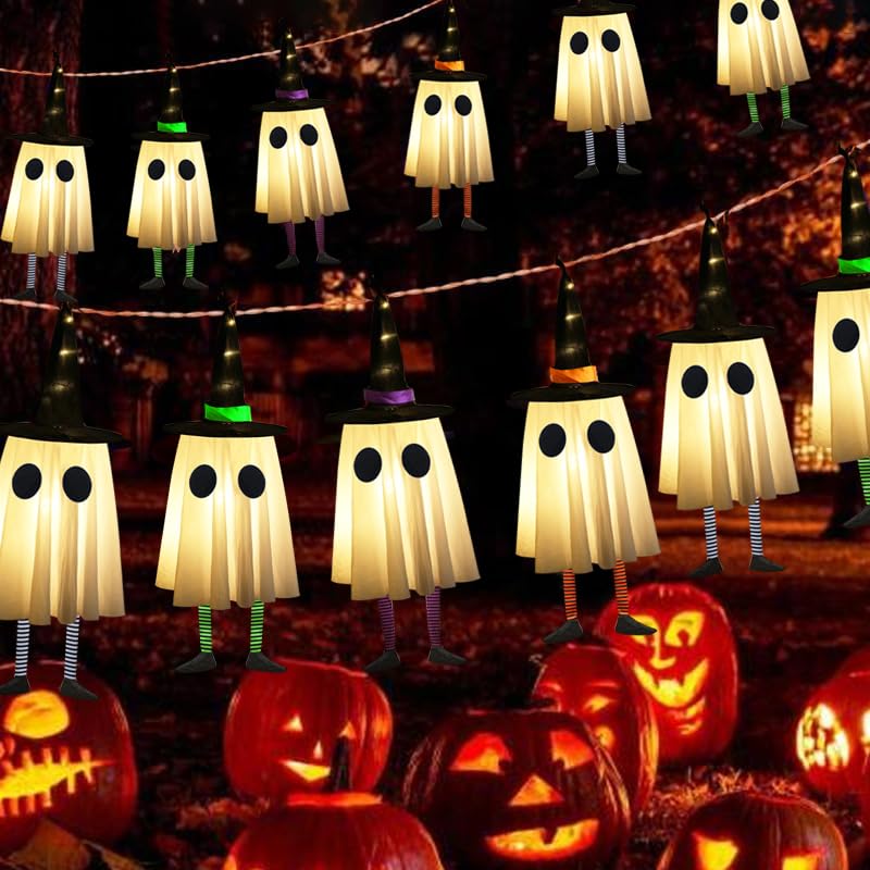 Halloween Hanging Ghosts with Witch Hat Lights, Set of 4 for Outdoor Yard Decor H703891