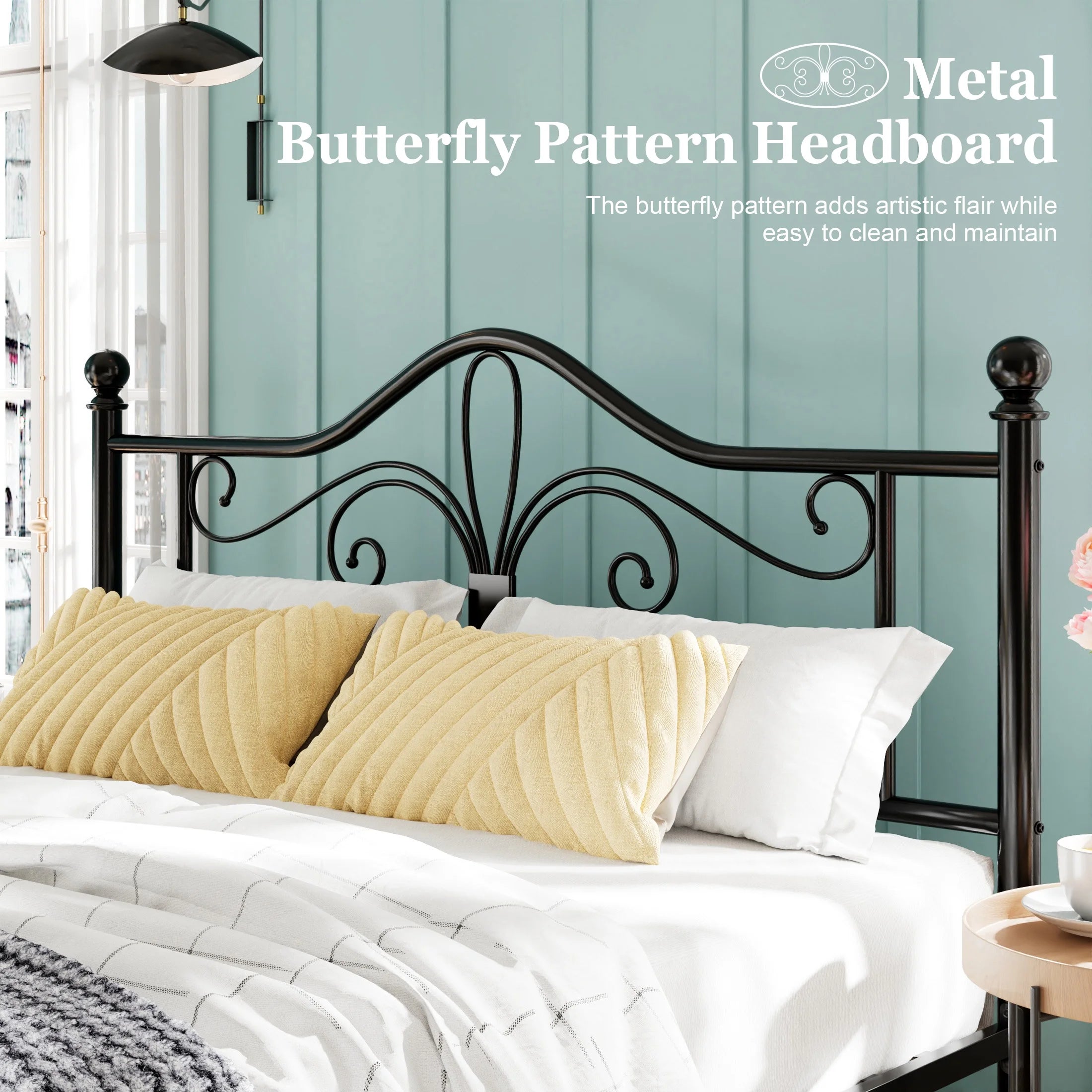 Amolife Queen Size Metal Platform Bed Frame with Vintage Butterfly Pattern Headboard, Black V7016