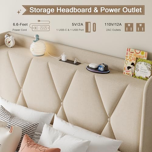Queen Bed Frame with 4 Storage Drawers and Charging Station, Black S804993