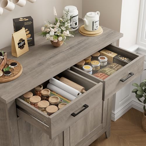 HORSTORS Kitchen Storage Cabinet, Farmhouse Buffet with 2 Drawers and 2 Doors, Grey A4009