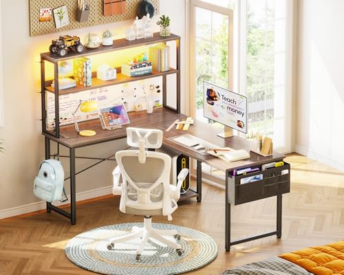 AODK L Shaped Gaming Desk with LED Light & Power Outlet, Grey Oak P41493
